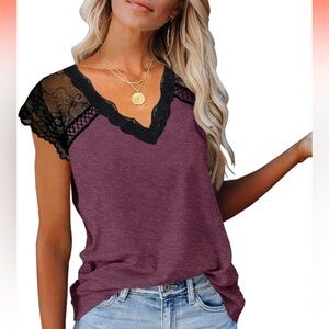 Women's Lace Sleeve V-Neck Top - Purple